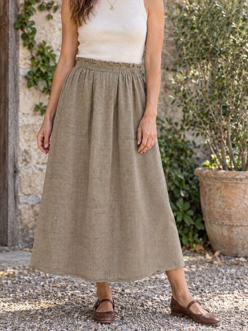 Vintage FLAX Jeanne Engelhart Linen Plaid Midi Skirt L Artsy Pockets